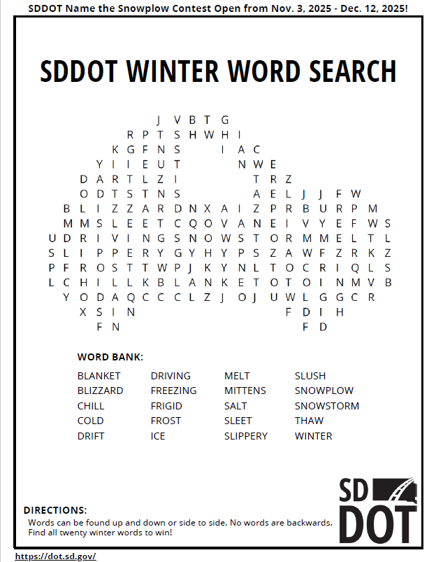 SDDOT Winter Word Search and activity packet