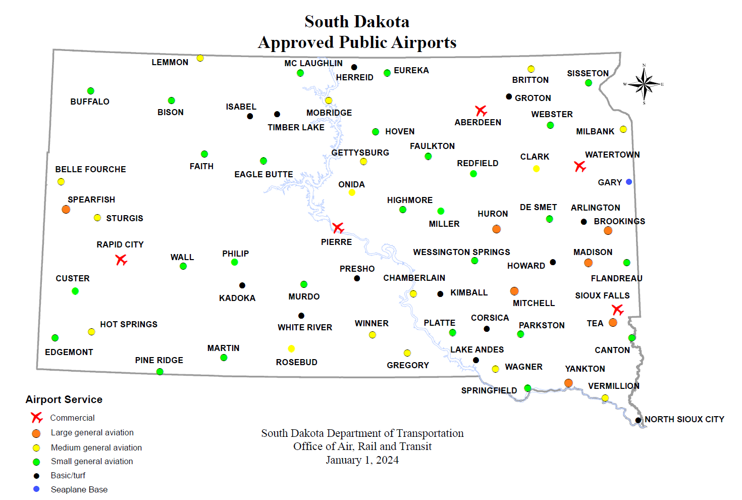 Map of South Dakota Approved Public Airports. 
