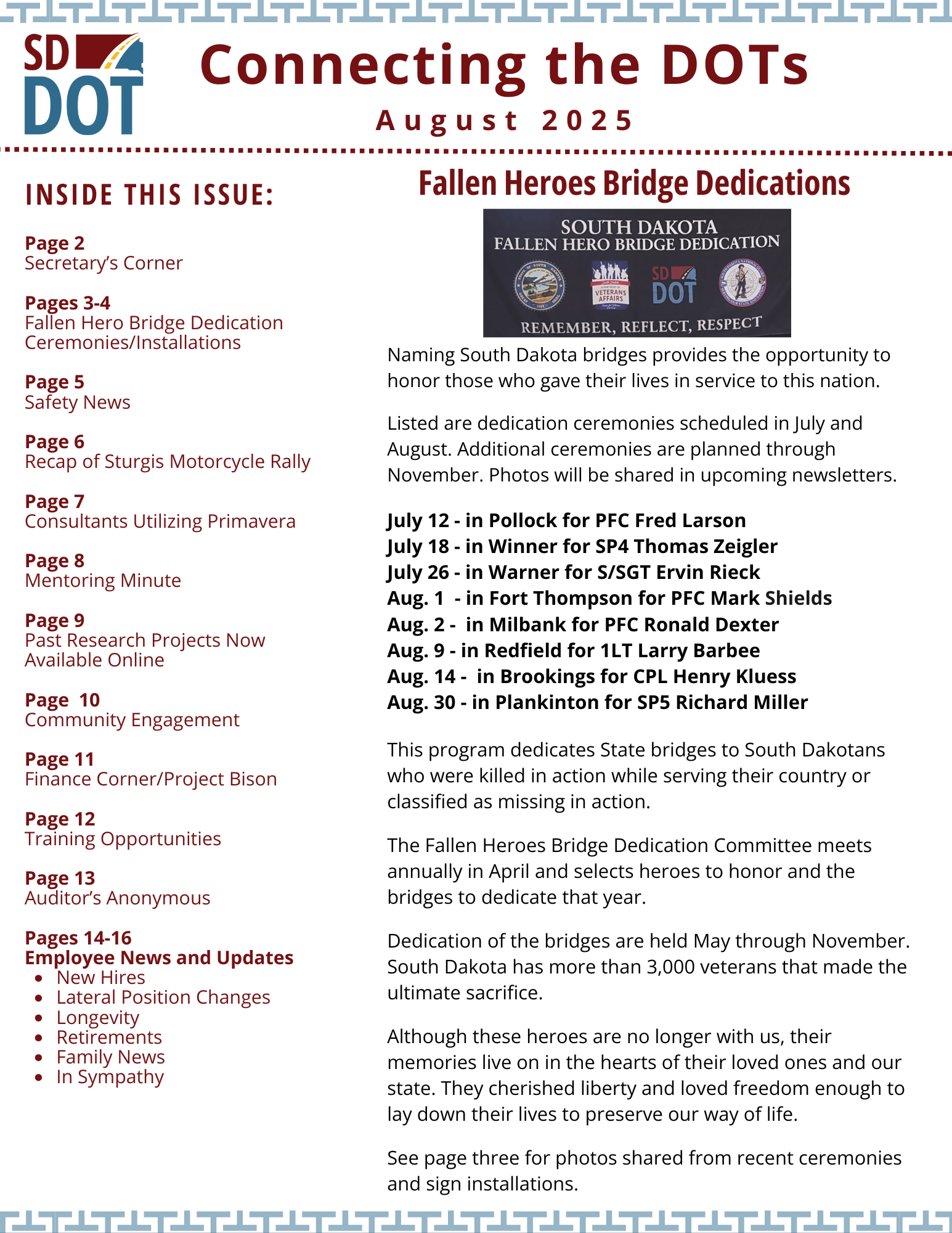 August 2025 SDDOT Newsletter Cover Page